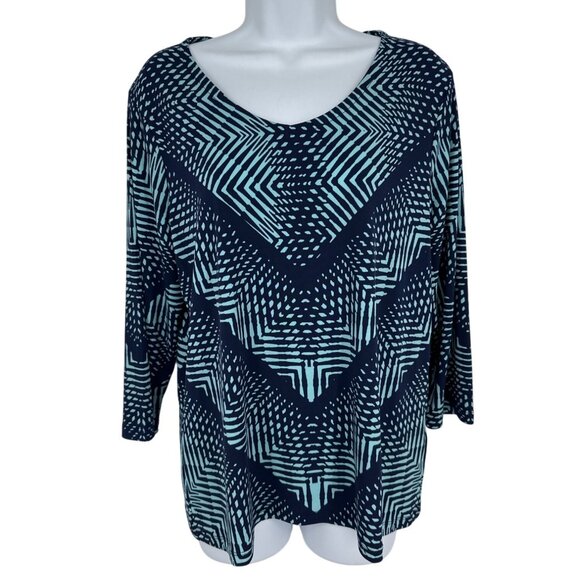 Chicos Womens Navy & Aqua Geometric Print 3/4 Sleeve Scoop Neck Top Size 1 US S - Picture 1 of 9